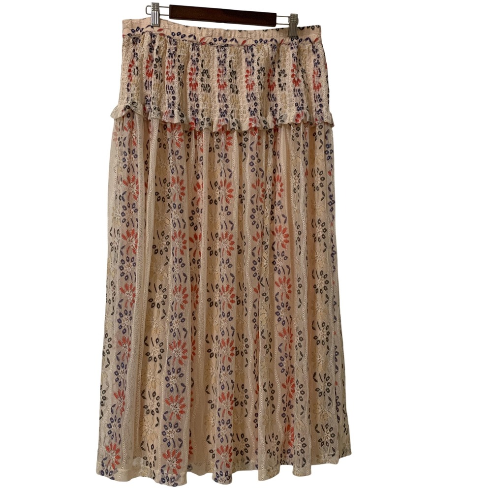 V Cristina Maxi Skirt Women Size L Peach Floral Lace Ruffle Smocked Boho Pull On